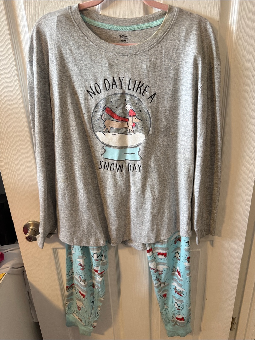 Women’s Secret Treasures Grey Top with Light Blue Dachshund Snow Globe Pajama Se